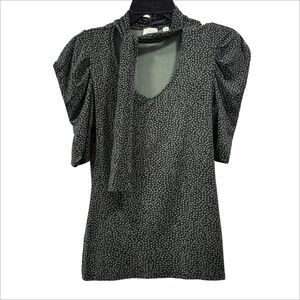 Postmark Anthropologie Green Ditsy Floral Tie Neck Blouse Size XS